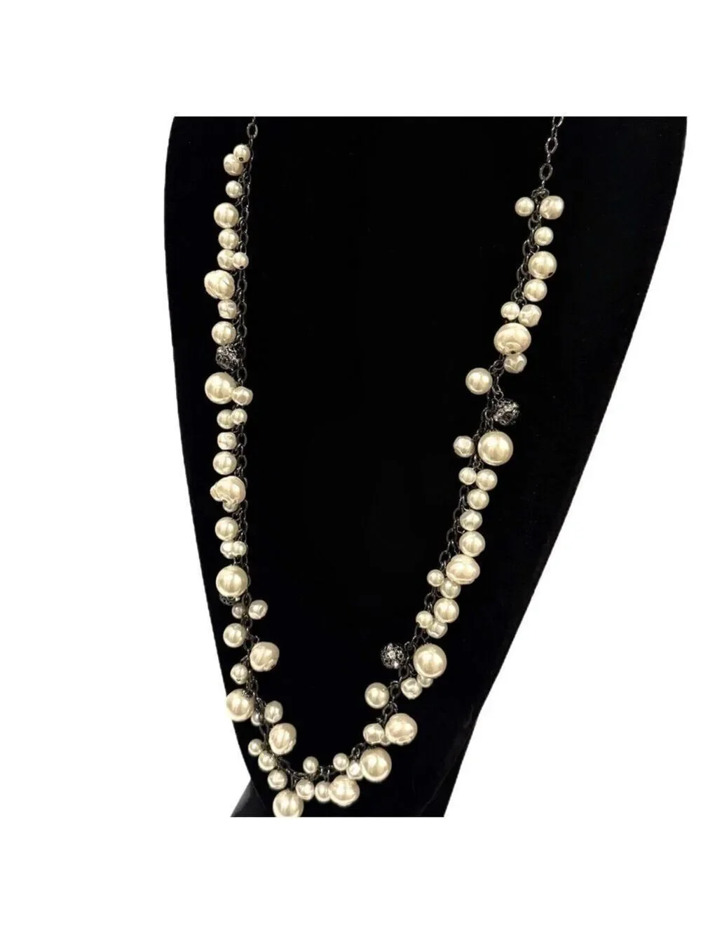 Chico's Gunmetal and Pearl Cluster Long Necklace New